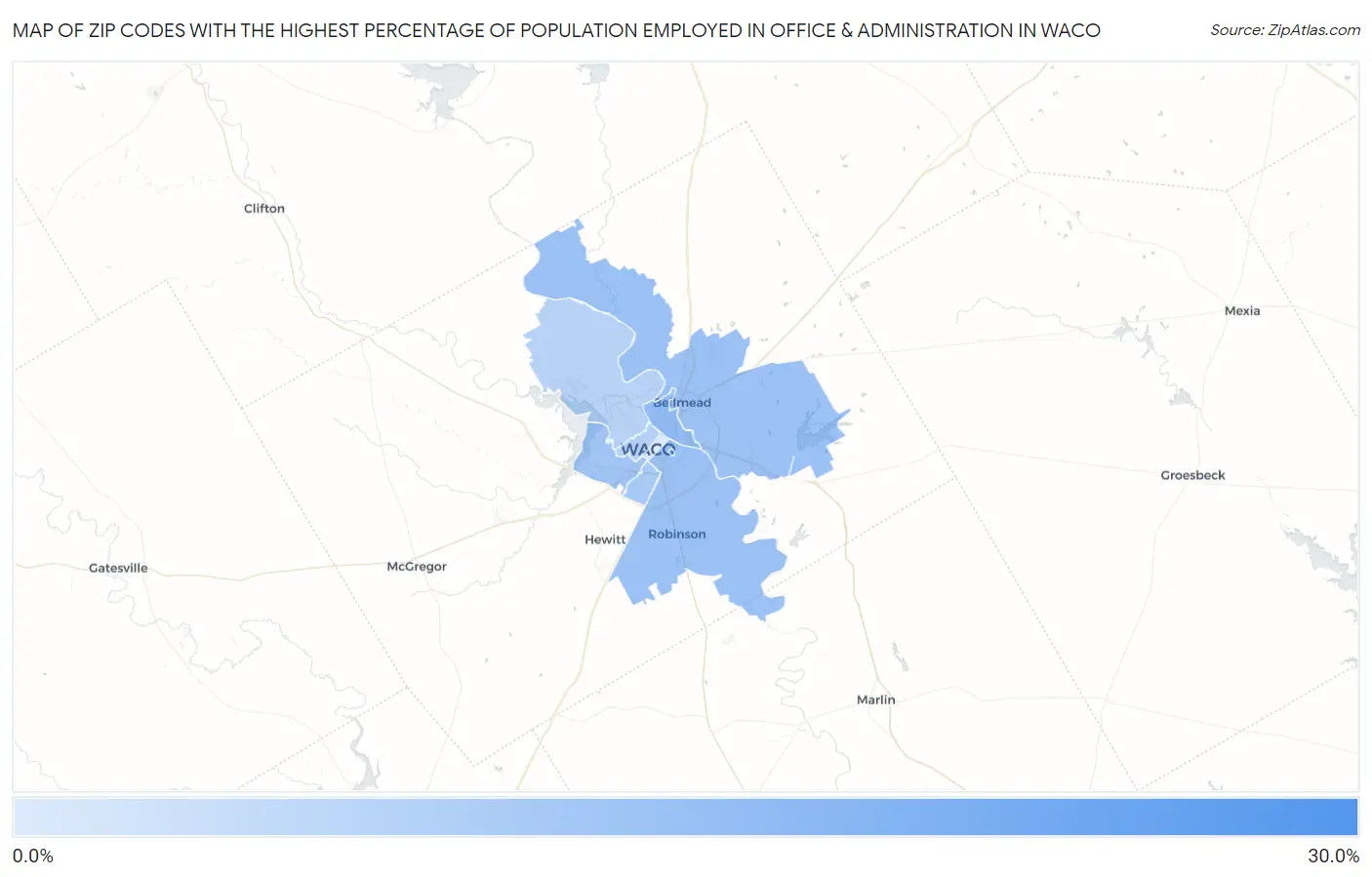 Zip Codes with the Highest Percentage of Population Employed in Office & Administration in Waco Map