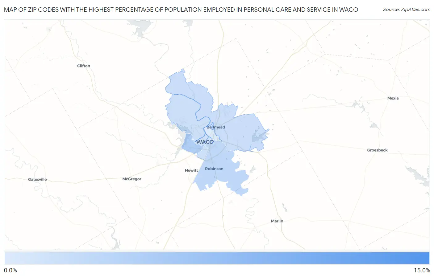 Zip Codes with the Highest Percentage of Population Employed in Personal Care and Service in Waco Map