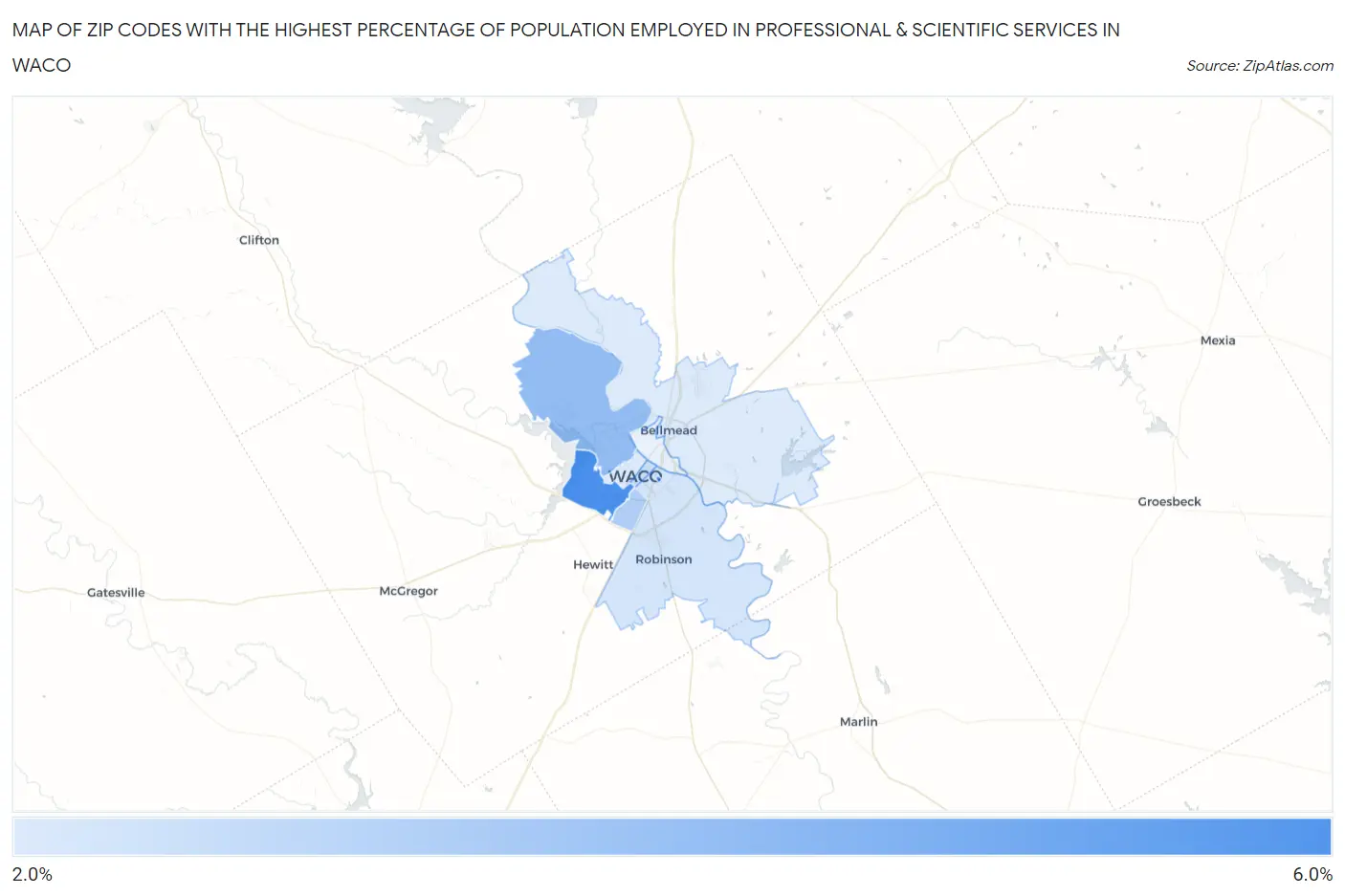 Zip Codes with the Highest Percentage of Population Employed in Professional & Scientific Services in Waco Map