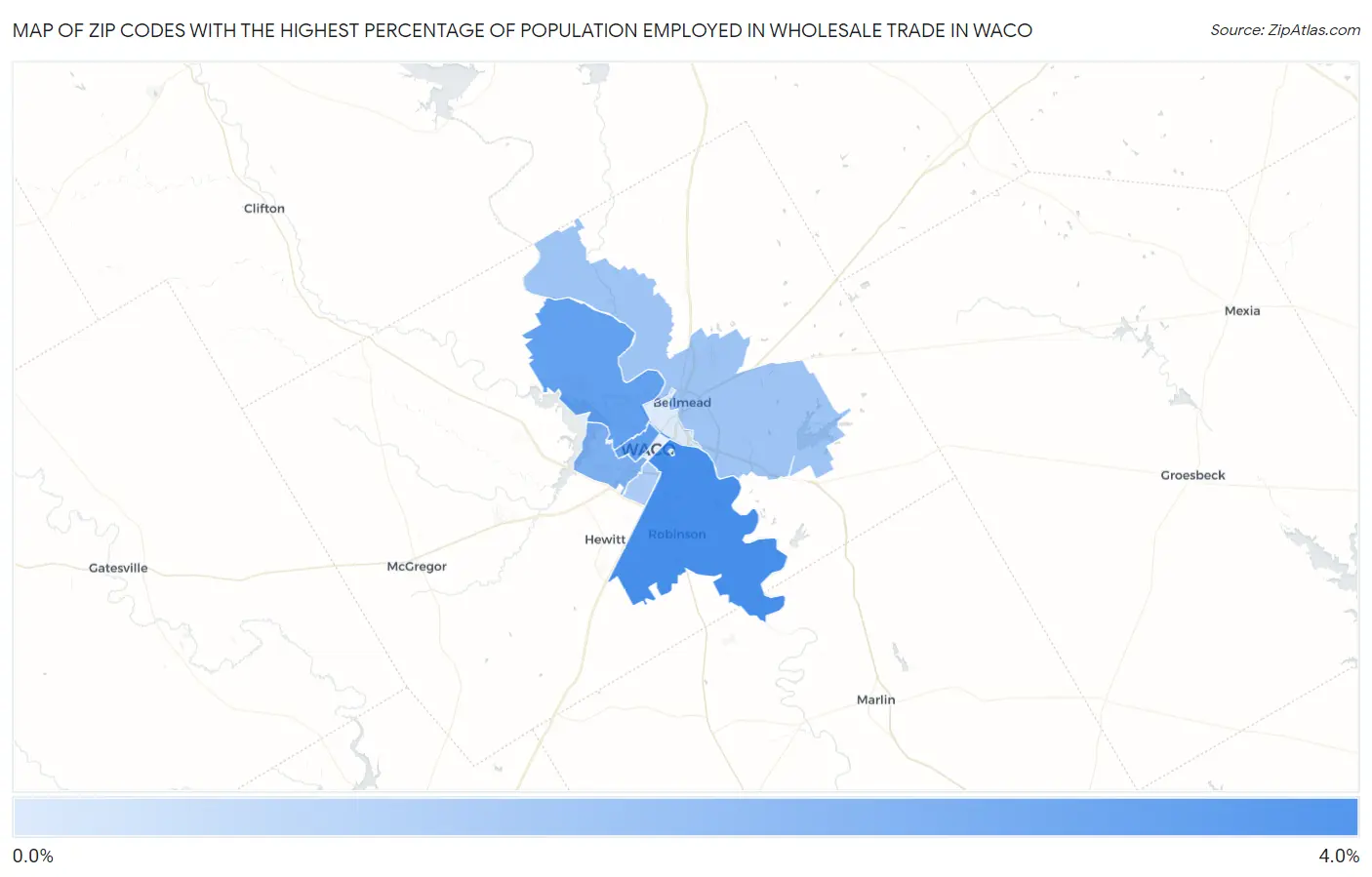 Zip Codes with the Highest Percentage of Population Employed in Wholesale Trade in Waco Map
