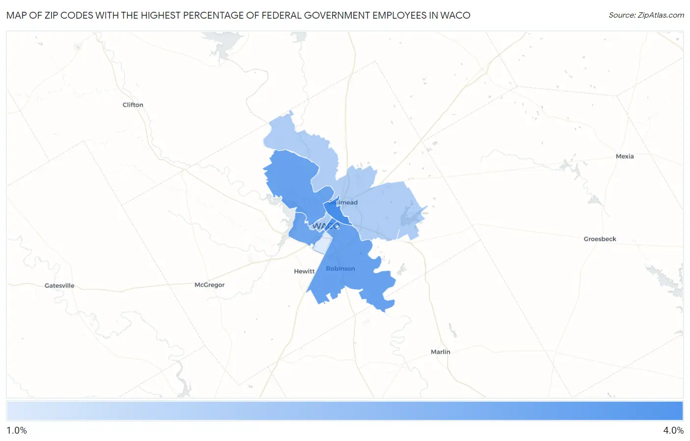 Zip Codes with the Highest Percentage of Federal Government Employees in Waco Map