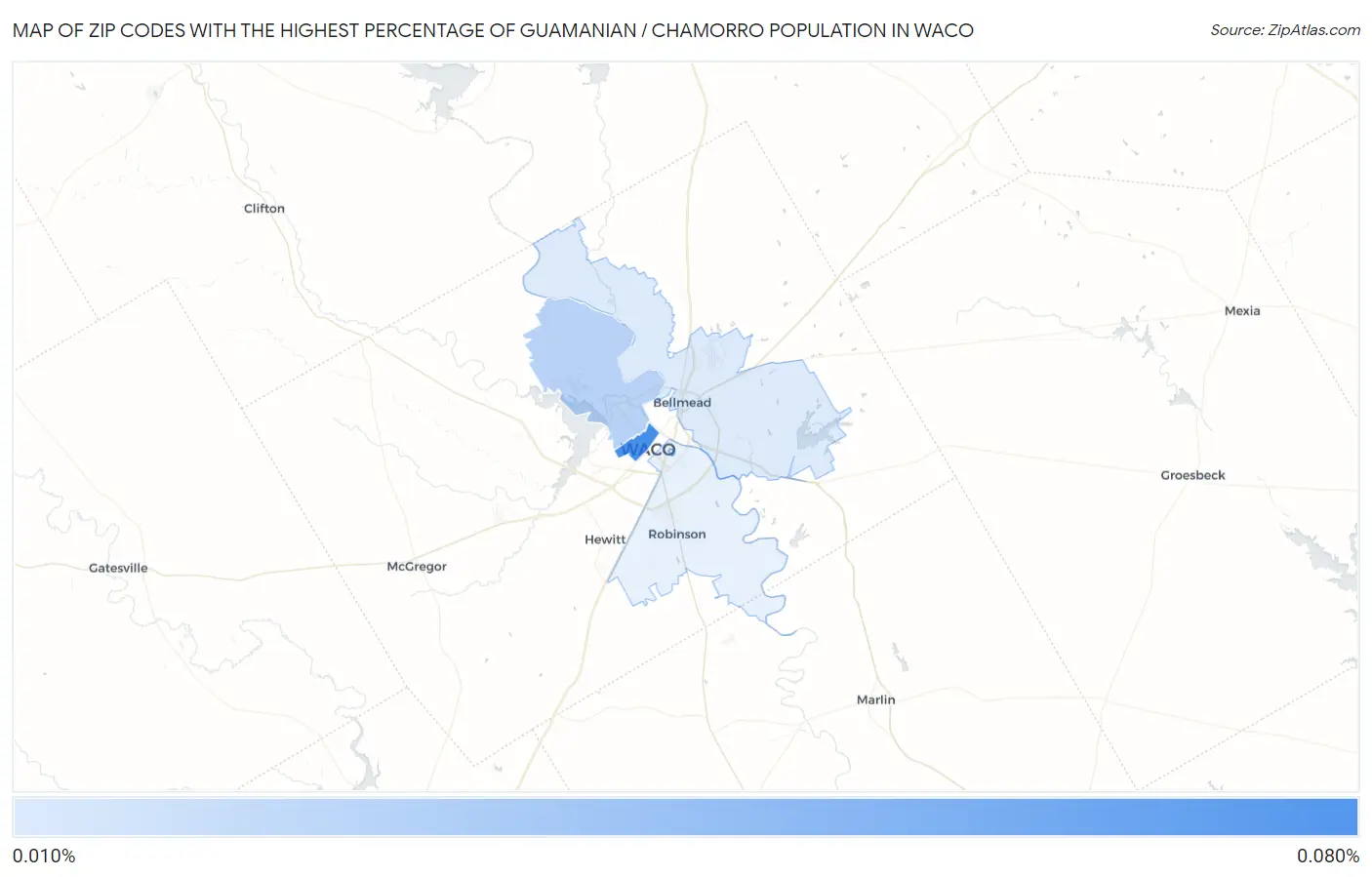 Zip Codes with the Highest Percentage of Guamanian / Chamorro Population in Waco Map