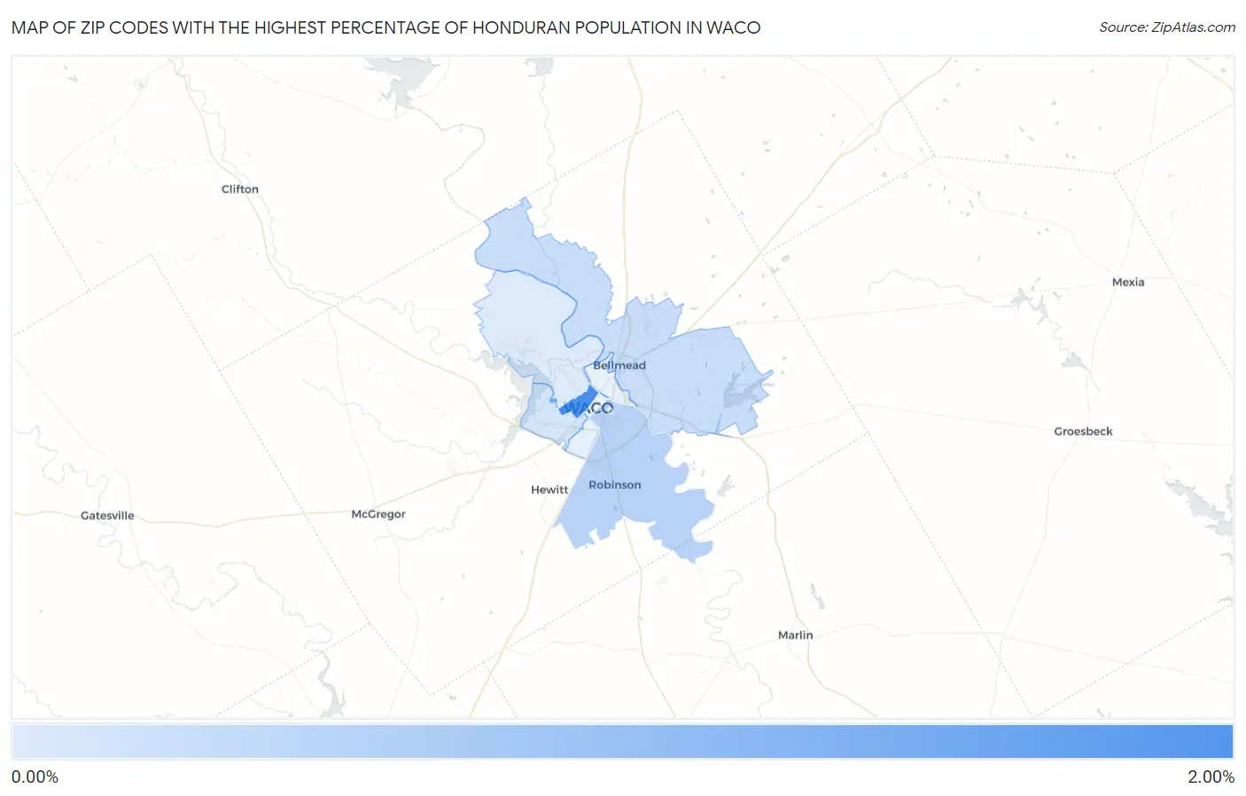 Zip Codes with the Highest Percentage of Honduran Population in Waco Map