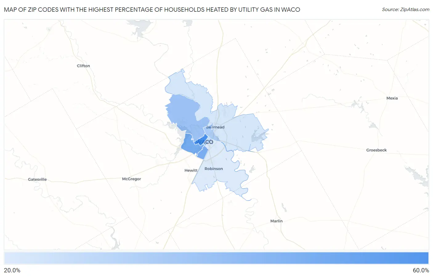 Zip Codes with the Highest Percentage of Households Heated by Utility Gas in Waco Map