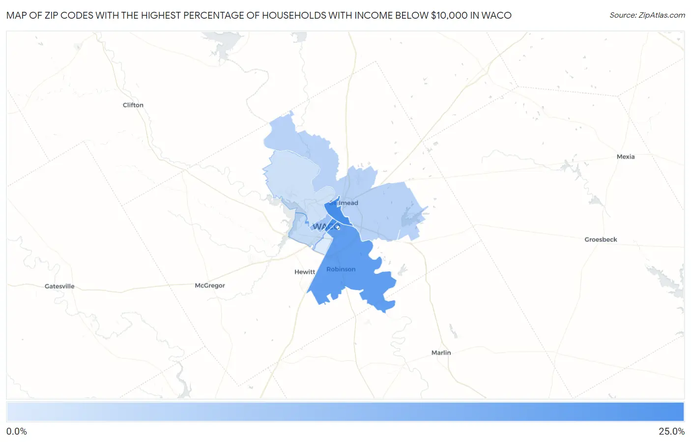 Zip Codes with the Highest Percentage of Households with Income Below $10,000 in Waco Map