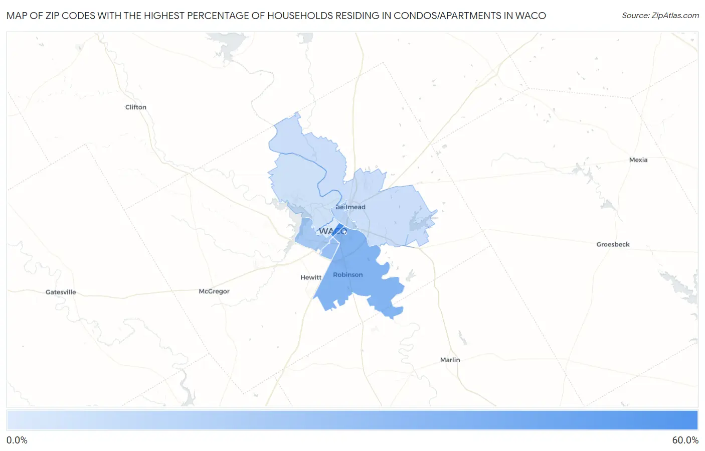 Zip Codes with the Highest Percentage of Households Residing in Condos/Apartments in Waco Map