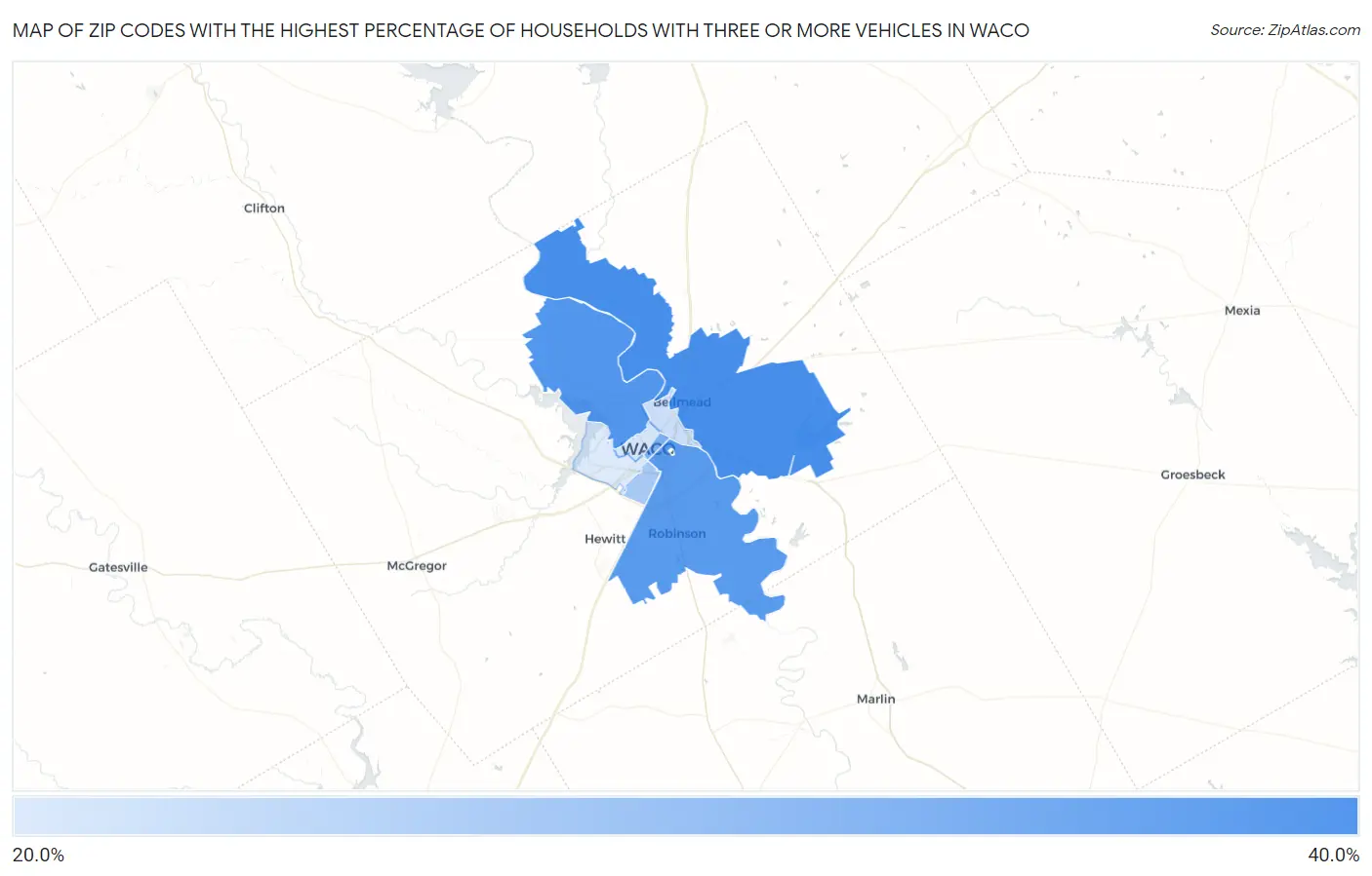 Zip Codes with the Highest Percentage of Households With Three or more Vehicles in Waco Map