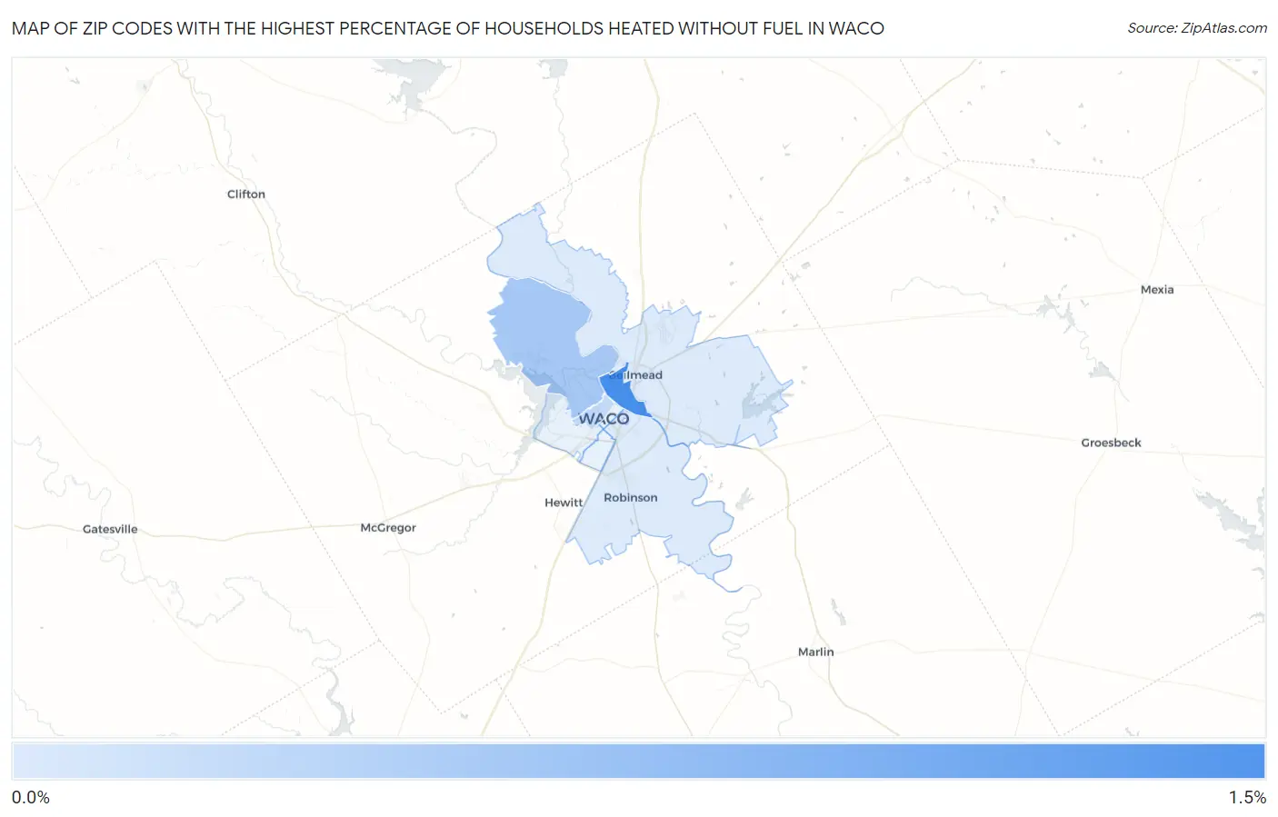 Zip Codes with the Highest Percentage of Households Heated without Fuel in Waco Map