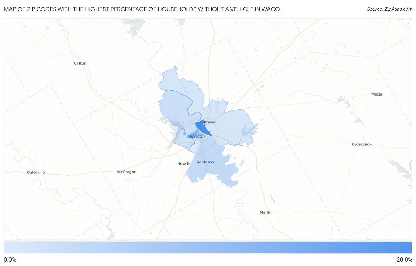 Zip Codes with the Highest Percentage of Households Without a Vehicle in Waco Map