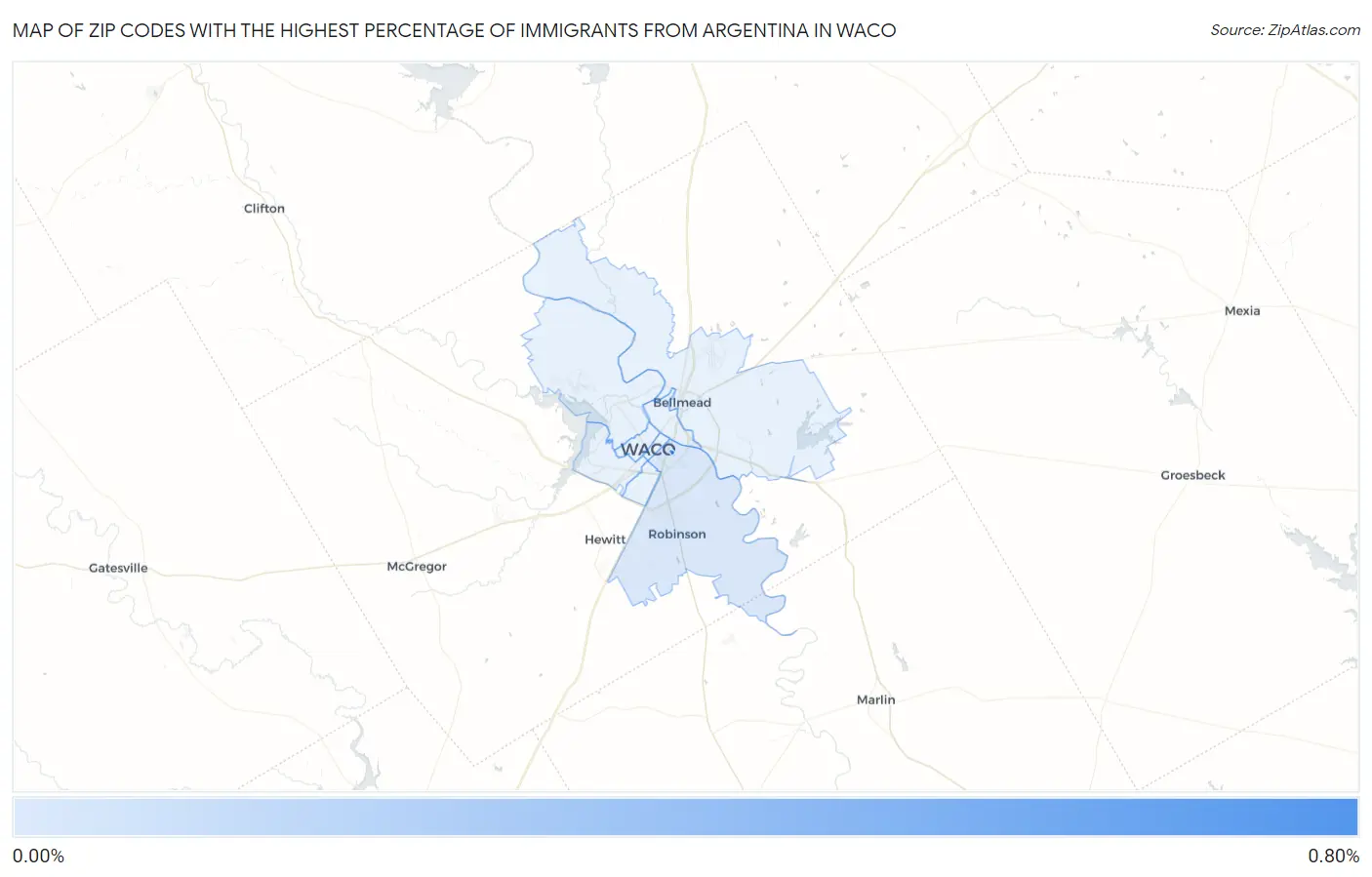 Zip Codes with the Highest Percentage of Immigrants from Argentina in Waco Map