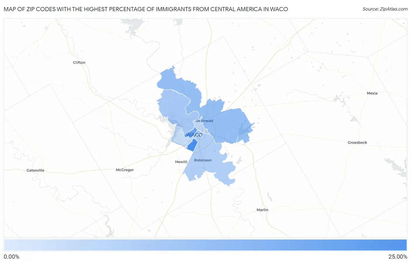 Zip Codes with the Highest Percentage of Immigrants from Central America in Waco Map
