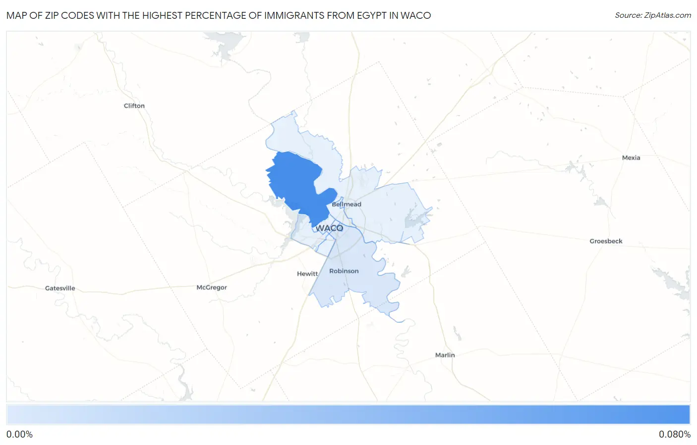 Zip Codes with the Highest Percentage of Immigrants from Egypt in Waco Map