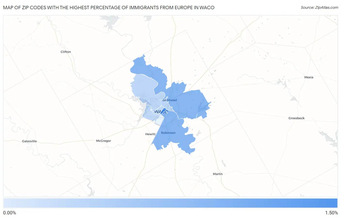 Zip Codes with the Highest Percentage of Immigrants from Europe in Waco Map