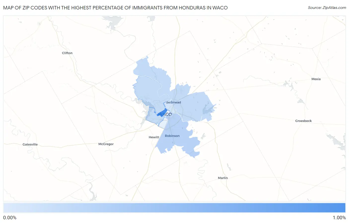 Zip Codes with the Highest Percentage of Immigrants from Honduras in Waco Map
