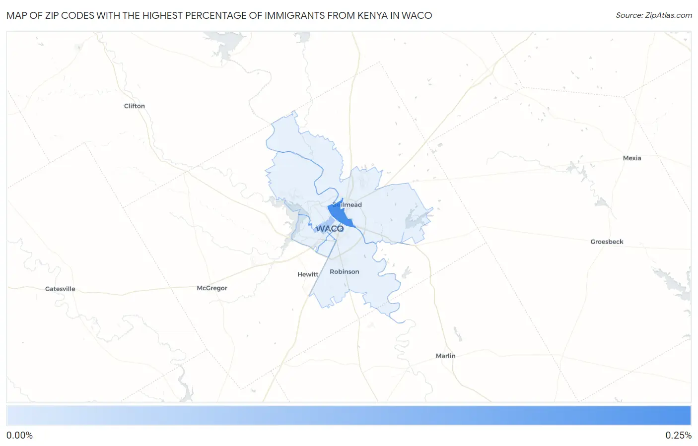 Zip Codes with the Highest Percentage of Immigrants from Kenya in Waco Map