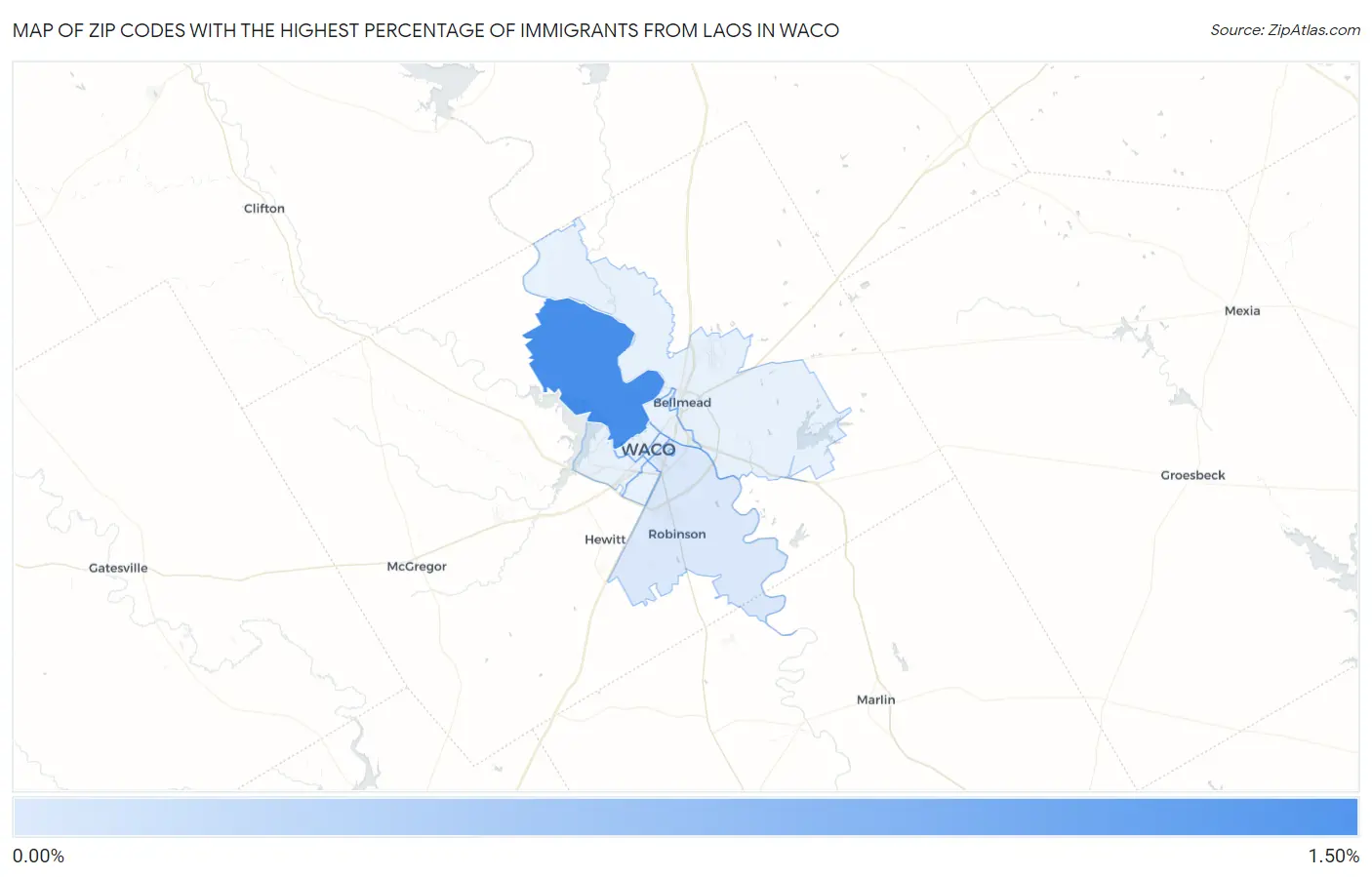 Zip Codes with the Highest Percentage of Immigrants from Laos in Waco Map