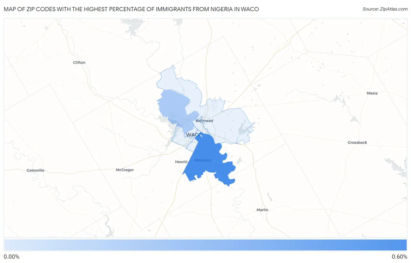 Zip Codes with the Highest Percentage of Immigrants from Nigeria in Waco Map