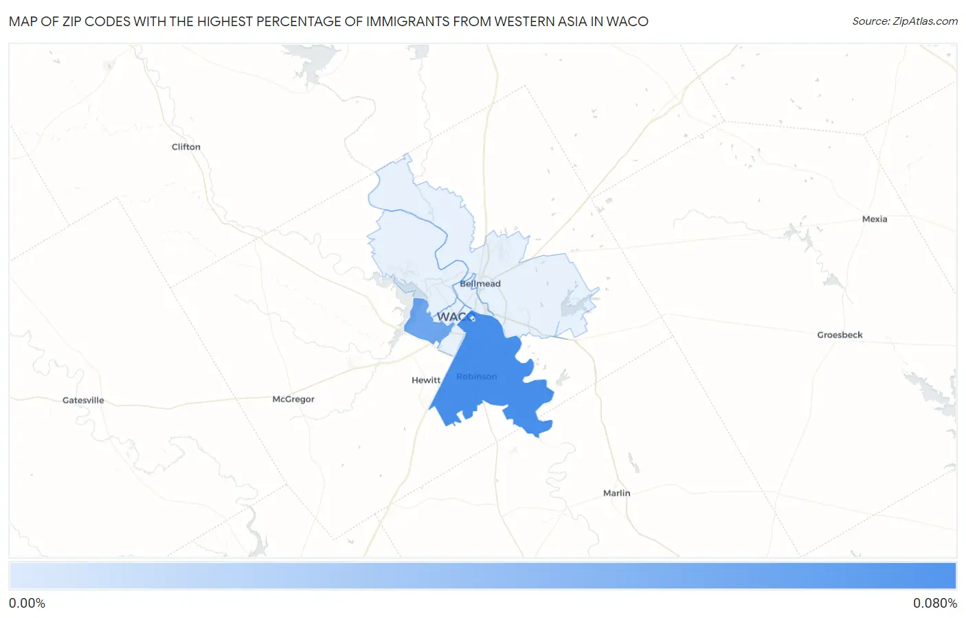 Zip Codes with the Highest Percentage of Immigrants from Western Asia in Waco Map