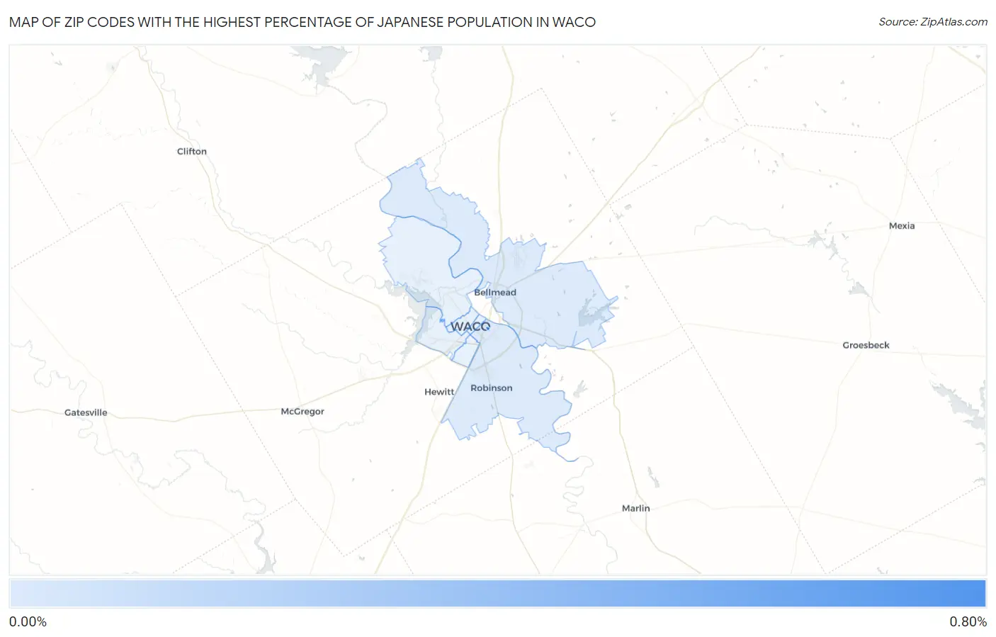 Zip Codes with the Highest Percentage of Japanese Population in Waco Map