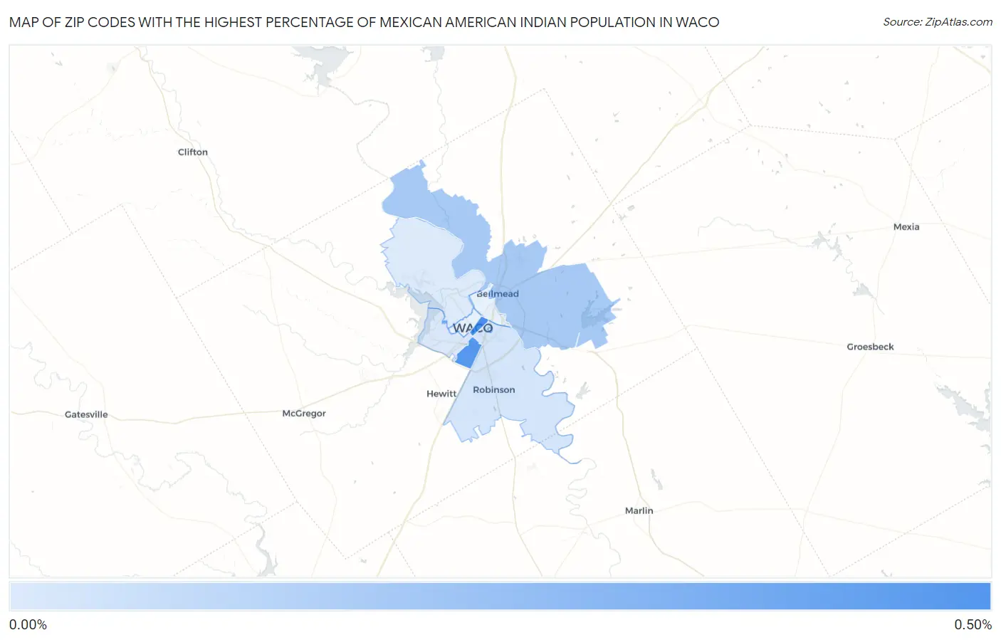 Zip Codes with the Highest Percentage of Mexican American Indian Population in Waco Map