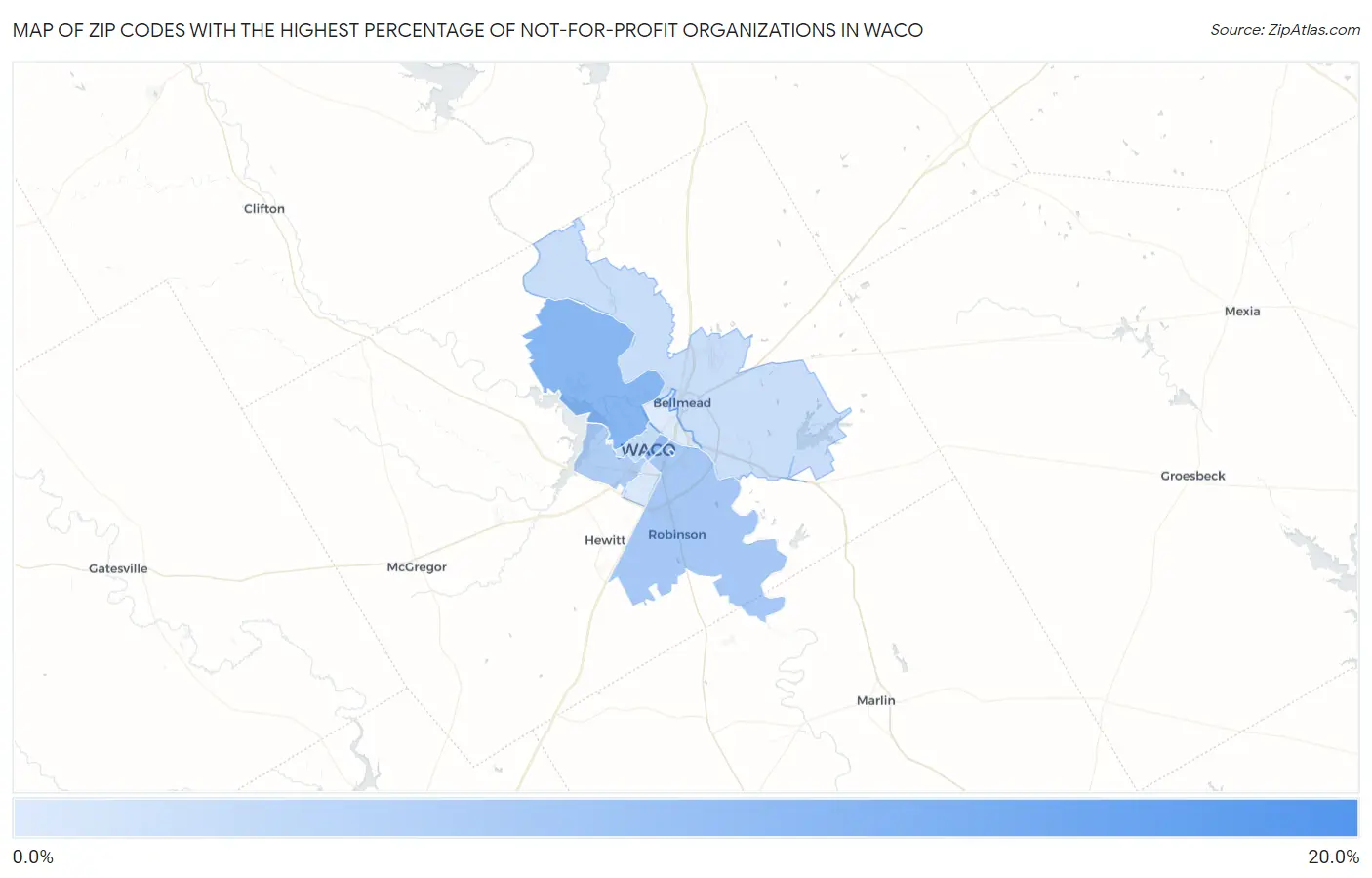 Zip Codes with the Highest Percentage of Not-for-profit Organizations in Waco Map