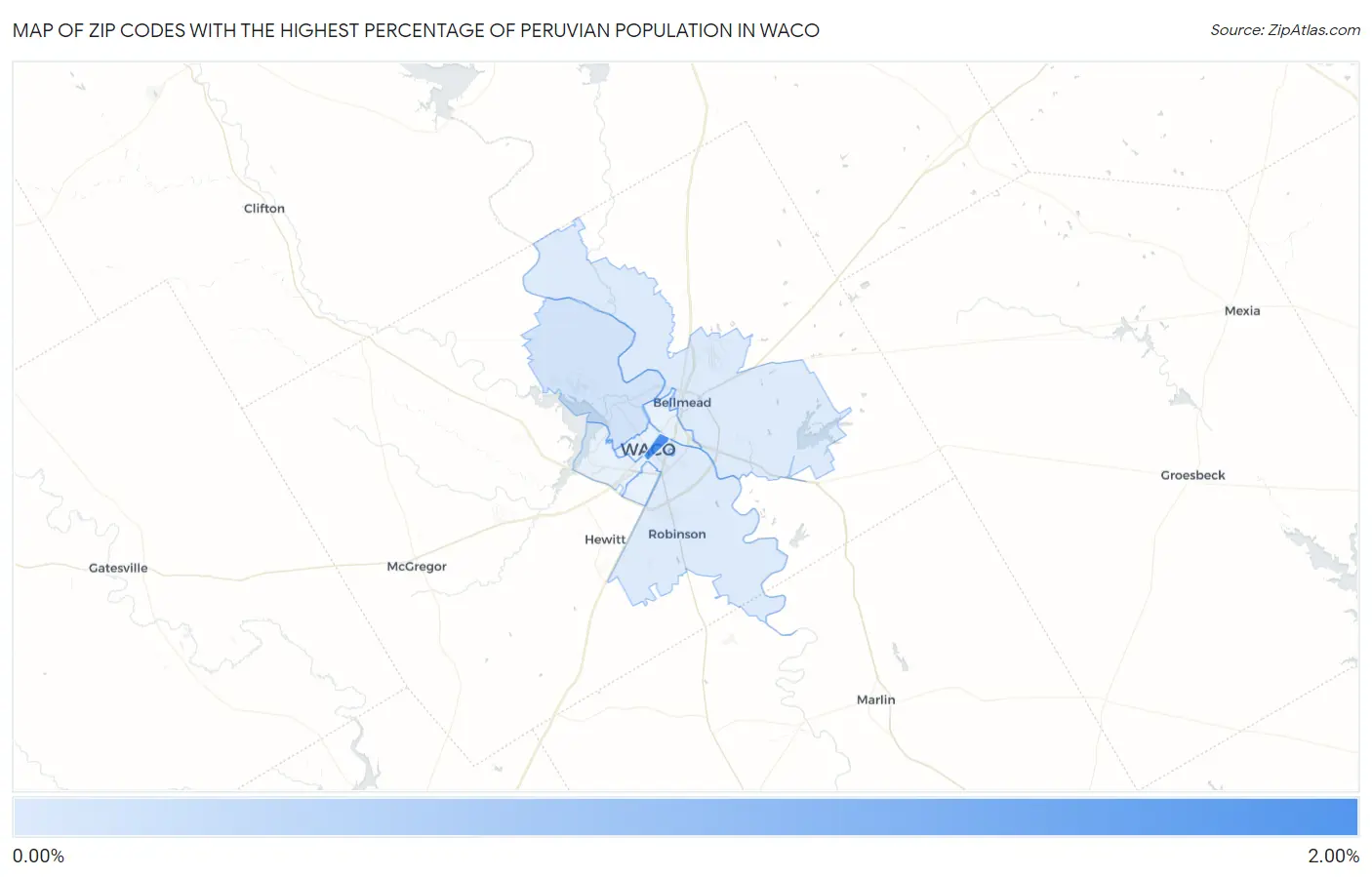 Zip Codes with the Highest Percentage of Peruvian Population in Waco Map