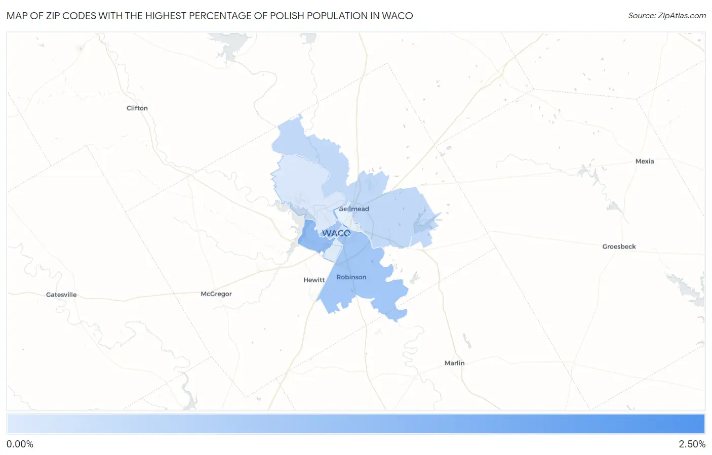 Zip Codes with the Highest Percentage of Polish Population in Waco Map