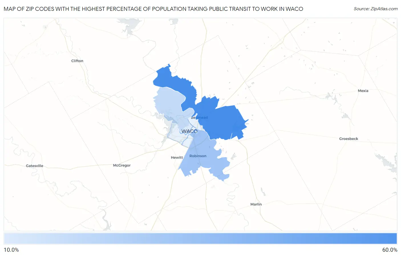 Zip Codes with the Highest Percentage of Population Taking Public Transit to Work in Waco Map