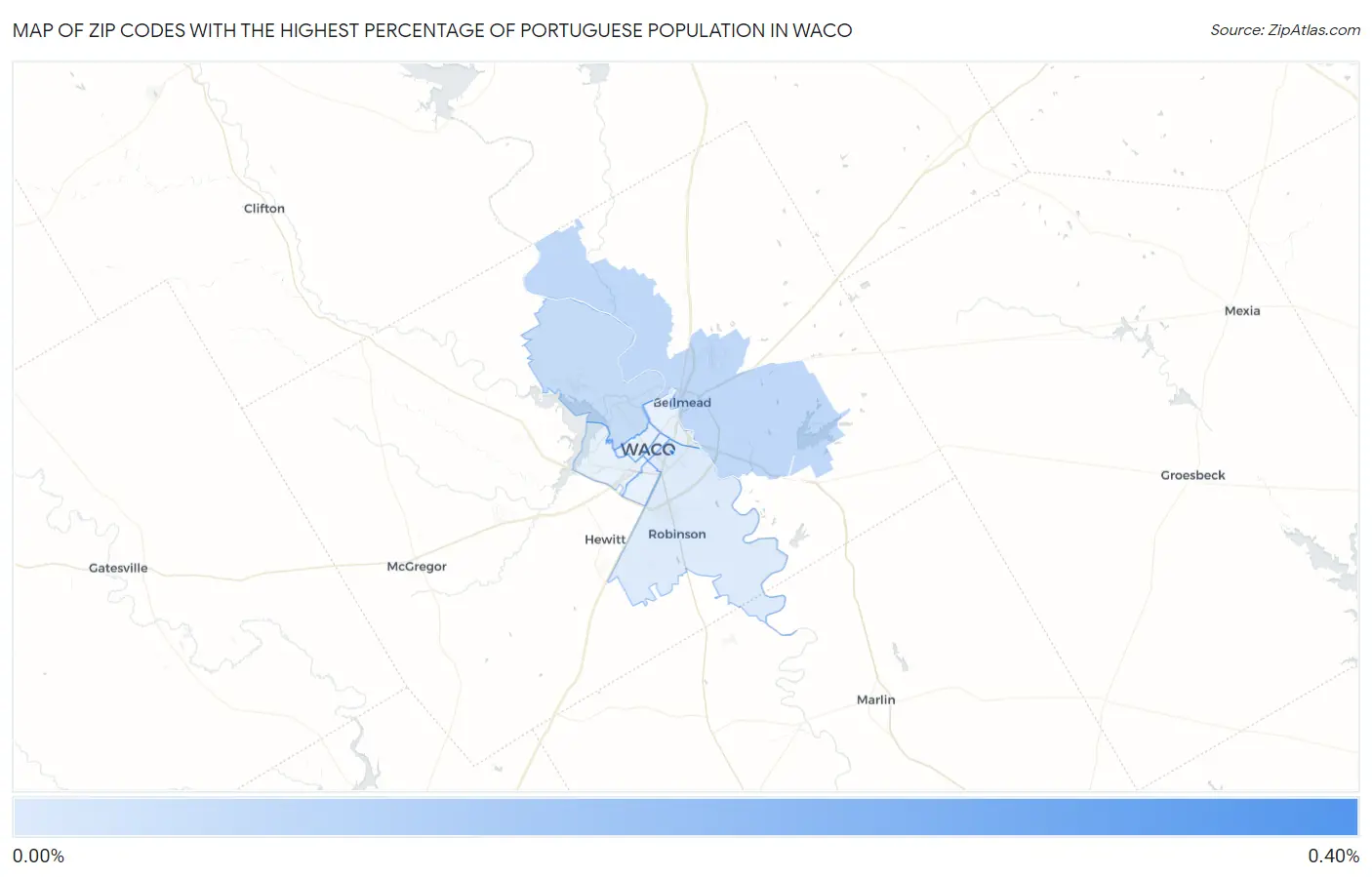 Zip Codes with the Highest Percentage of Portuguese Population in Waco Map