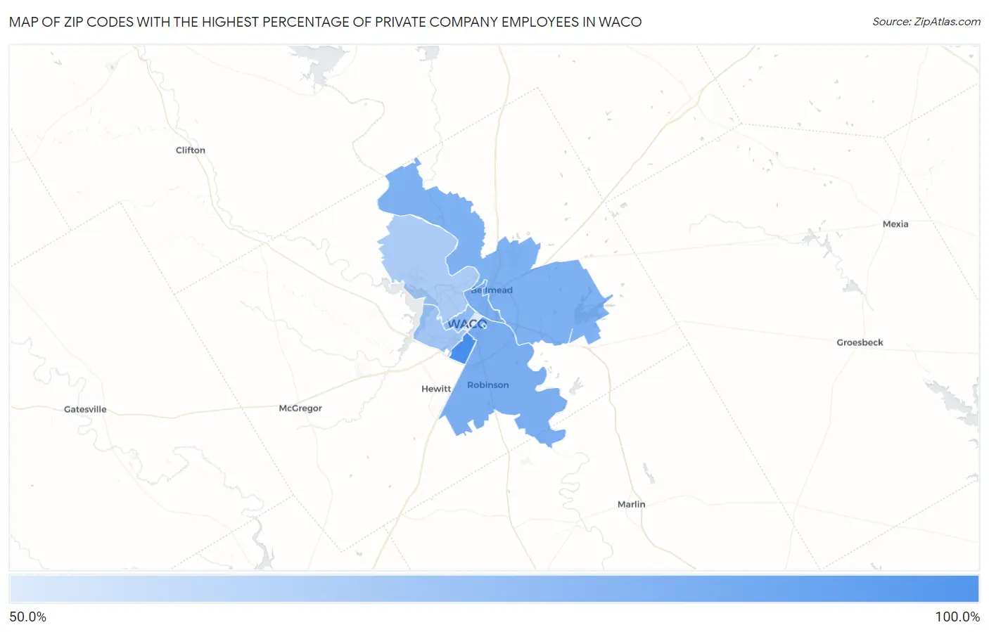 Zip Codes with the Highest Percentage of Private Company Employees in Waco Map