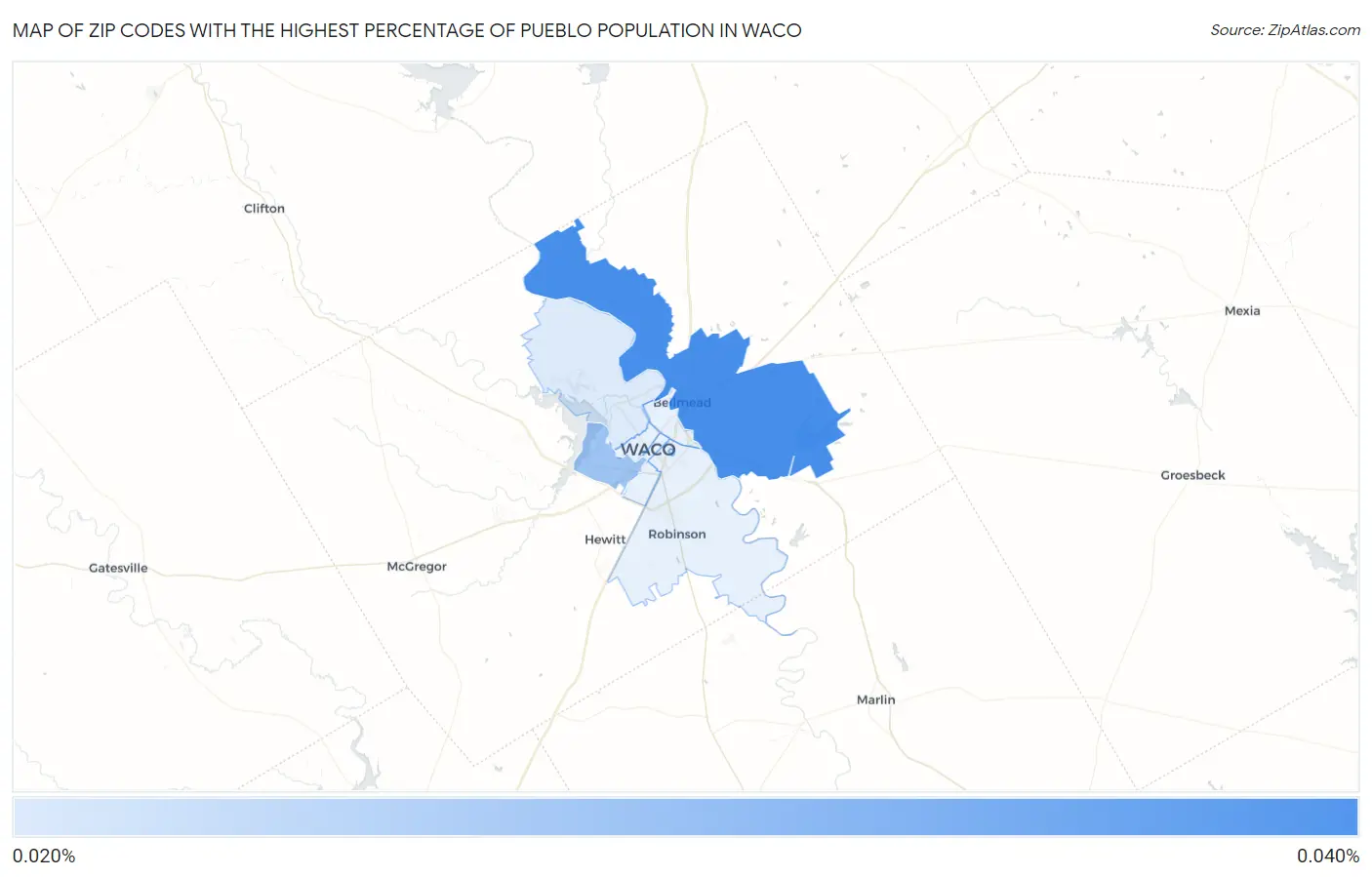 Zip Codes with the Highest Percentage of Pueblo Population in Waco Map