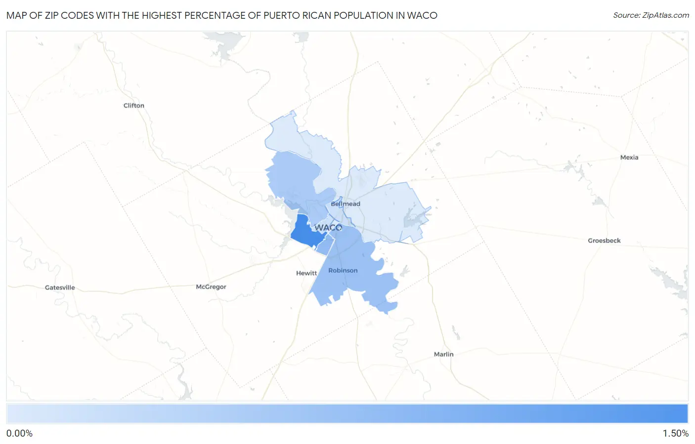 Zip Codes with the Highest Percentage of Puerto Rican Population in Waco Map