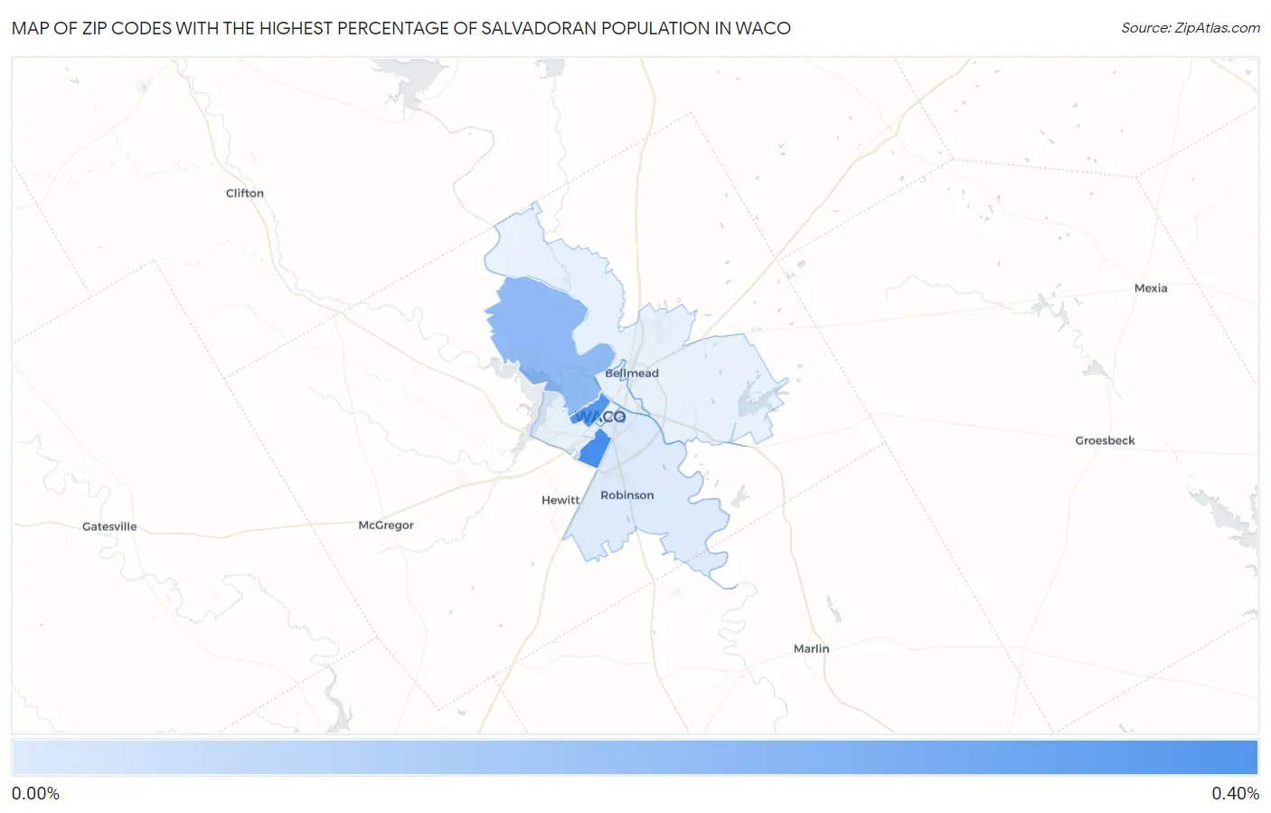 Zip Codes with the Highest Percentage of Salvadoran Population in Waco Map