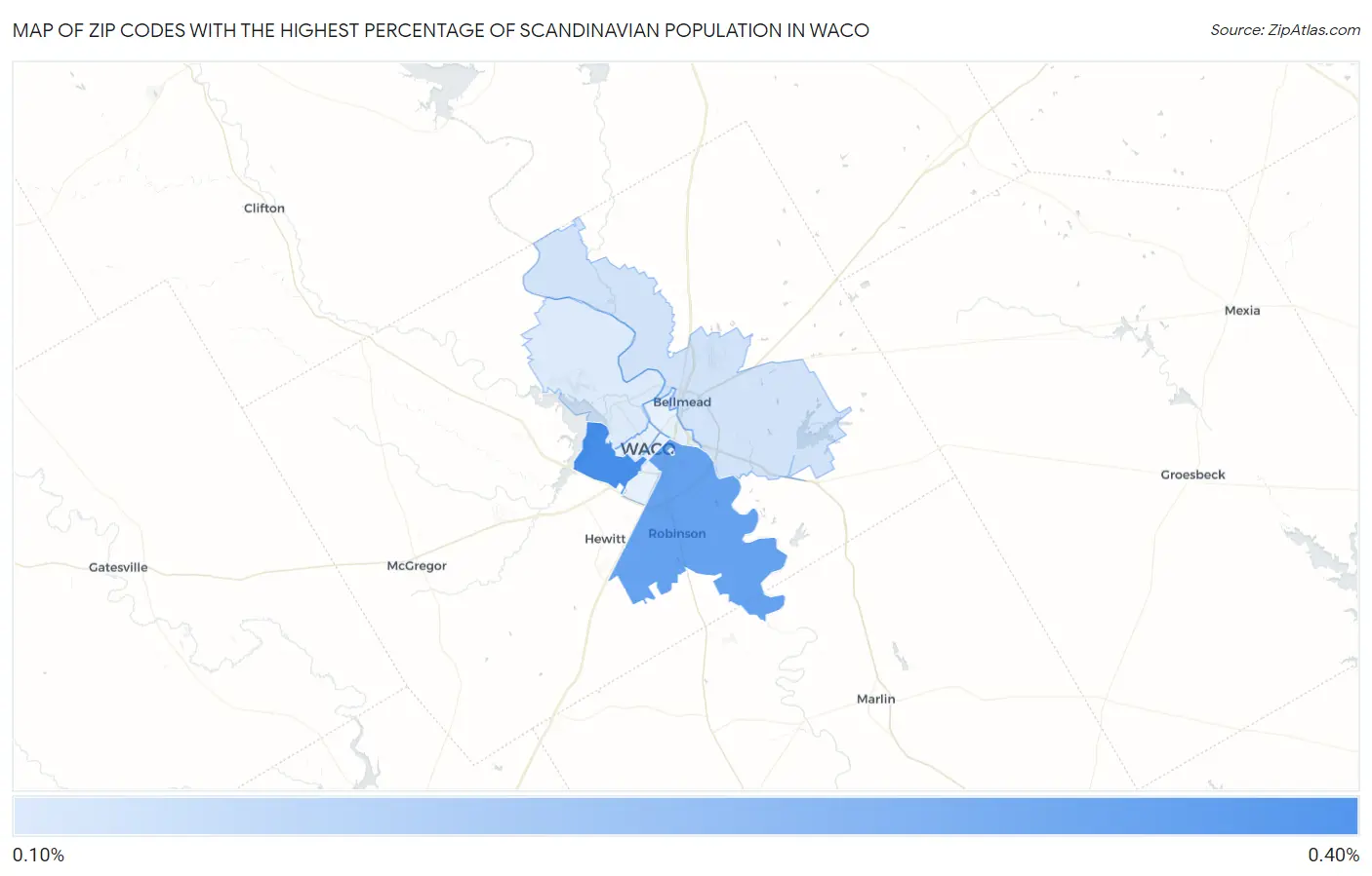 Zip Codes with the Highest Percentage of Scandinavian Population in Waco Map