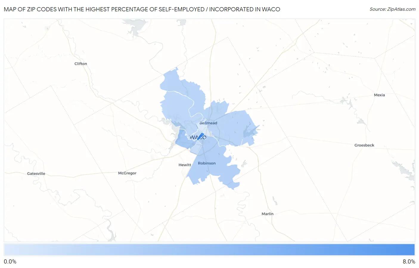 Zip Codes with the Highest Percentage of Self-Employed / Incorporated in Waco Map