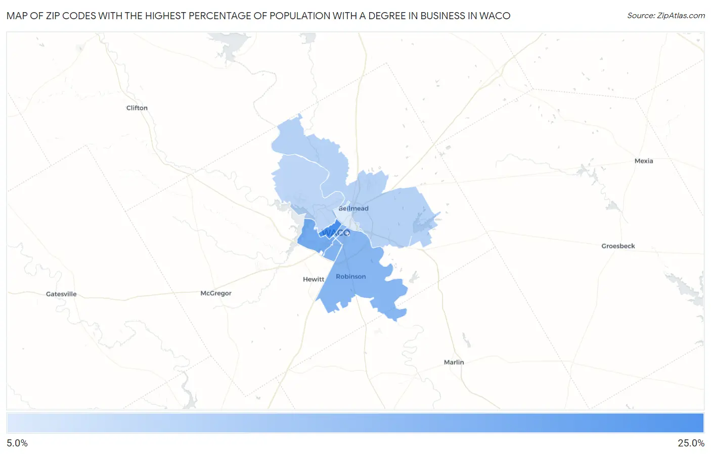 Zip Codes with the Highest Percentage of Population with a Degree in Business in Waco Map