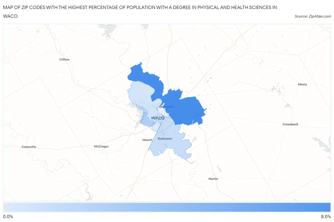 Zip Codes with the Highest Percentage of Population with a Degree in Physical and Health Sciences in Waco Map