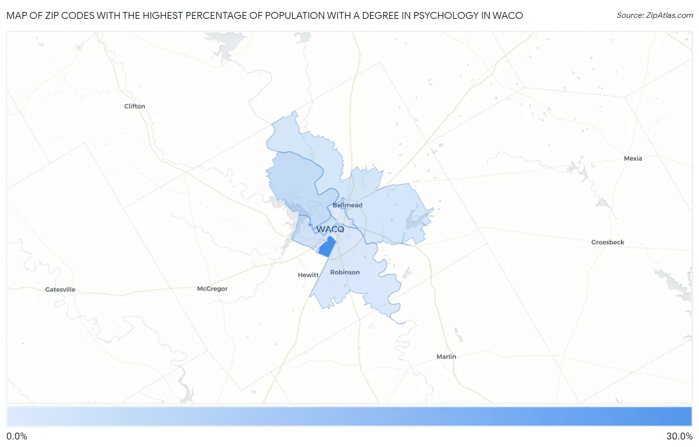 Zip Codes with the Highest Percentage of Population with a Degree in Psychology in Waco Map