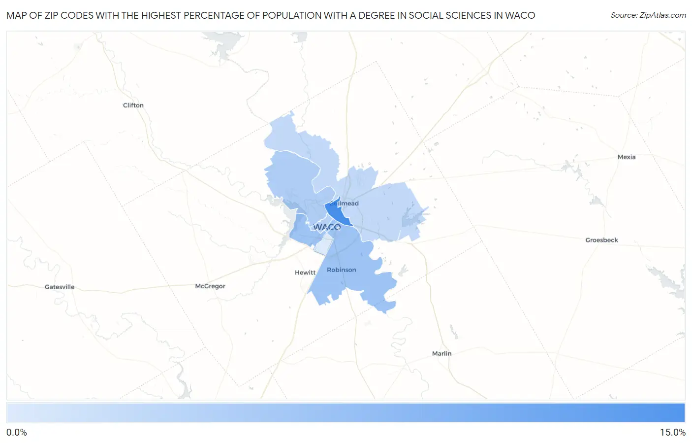Zip Codes with the Highest Percentage of Population with a Degree in Social Sciences in Waco Map