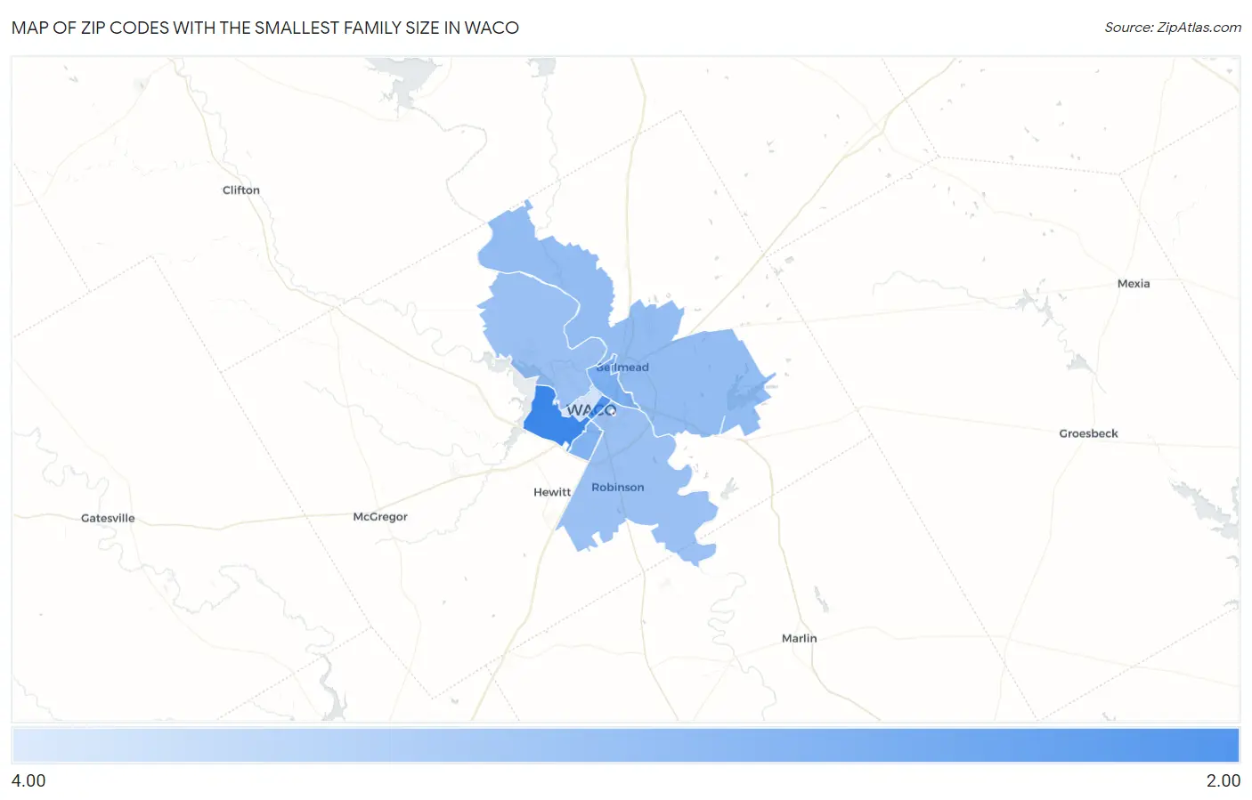 Zip Codes with the Smallest Family Size in Waco Map