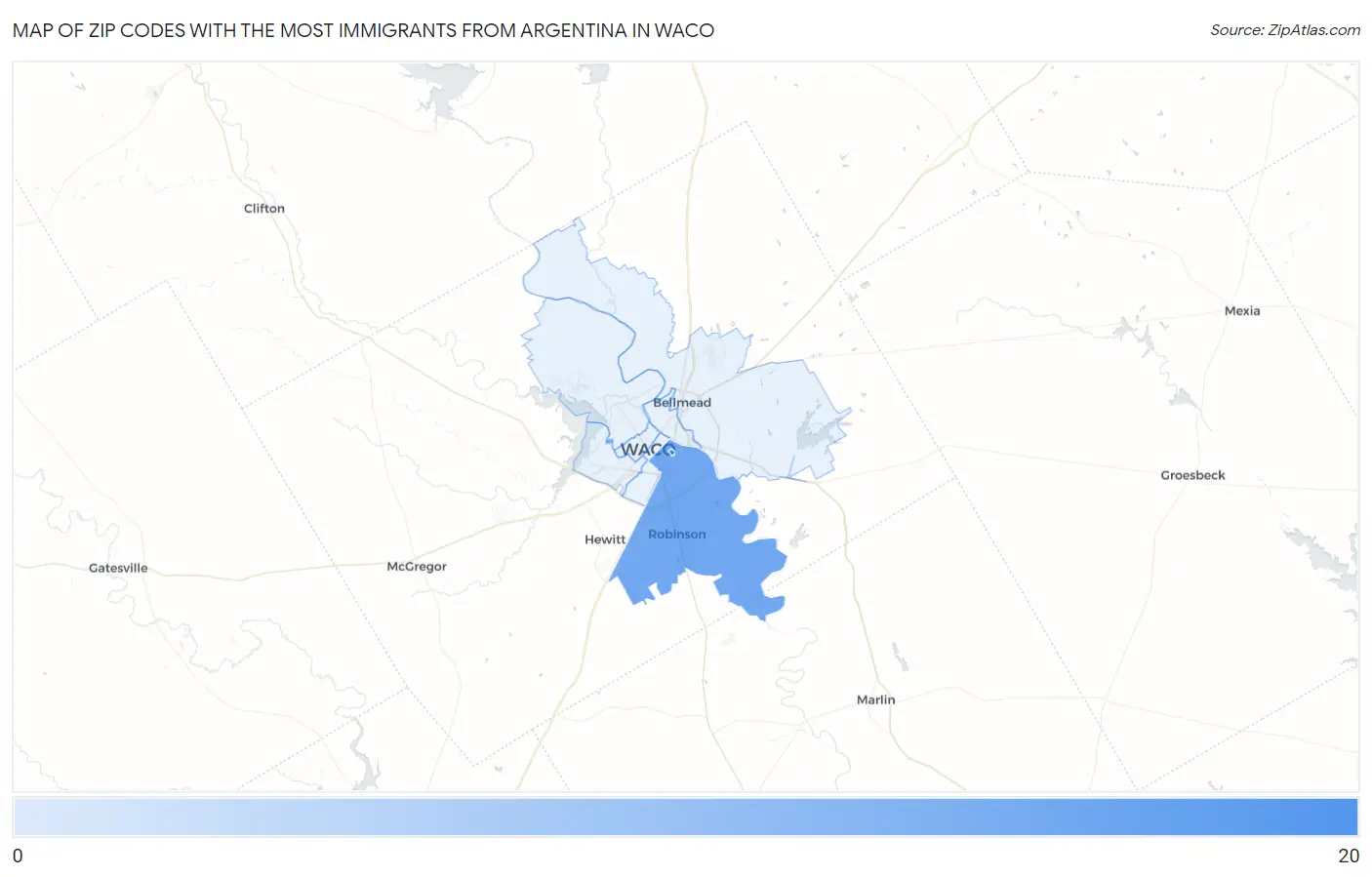 Zip Codes with the Most Immigrants from Argentina in Waco Map