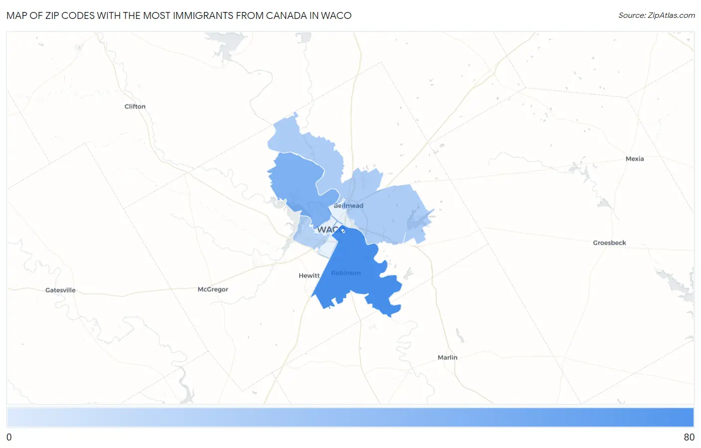 Zip Codes with the Most Immigrants from Canada in Waco Map