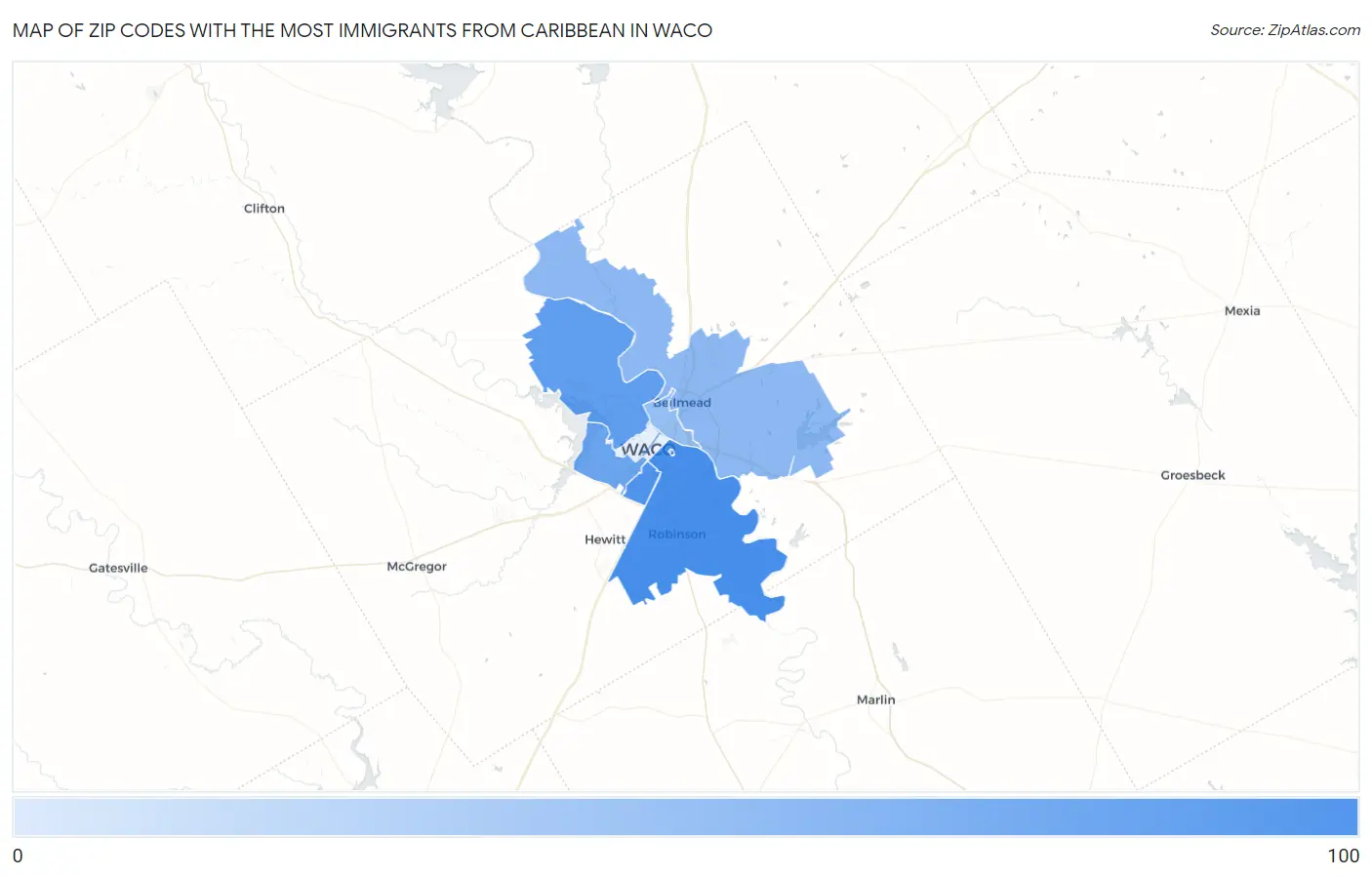 Zip Codes with the Most Immigrants from Caribbean in Waco Map