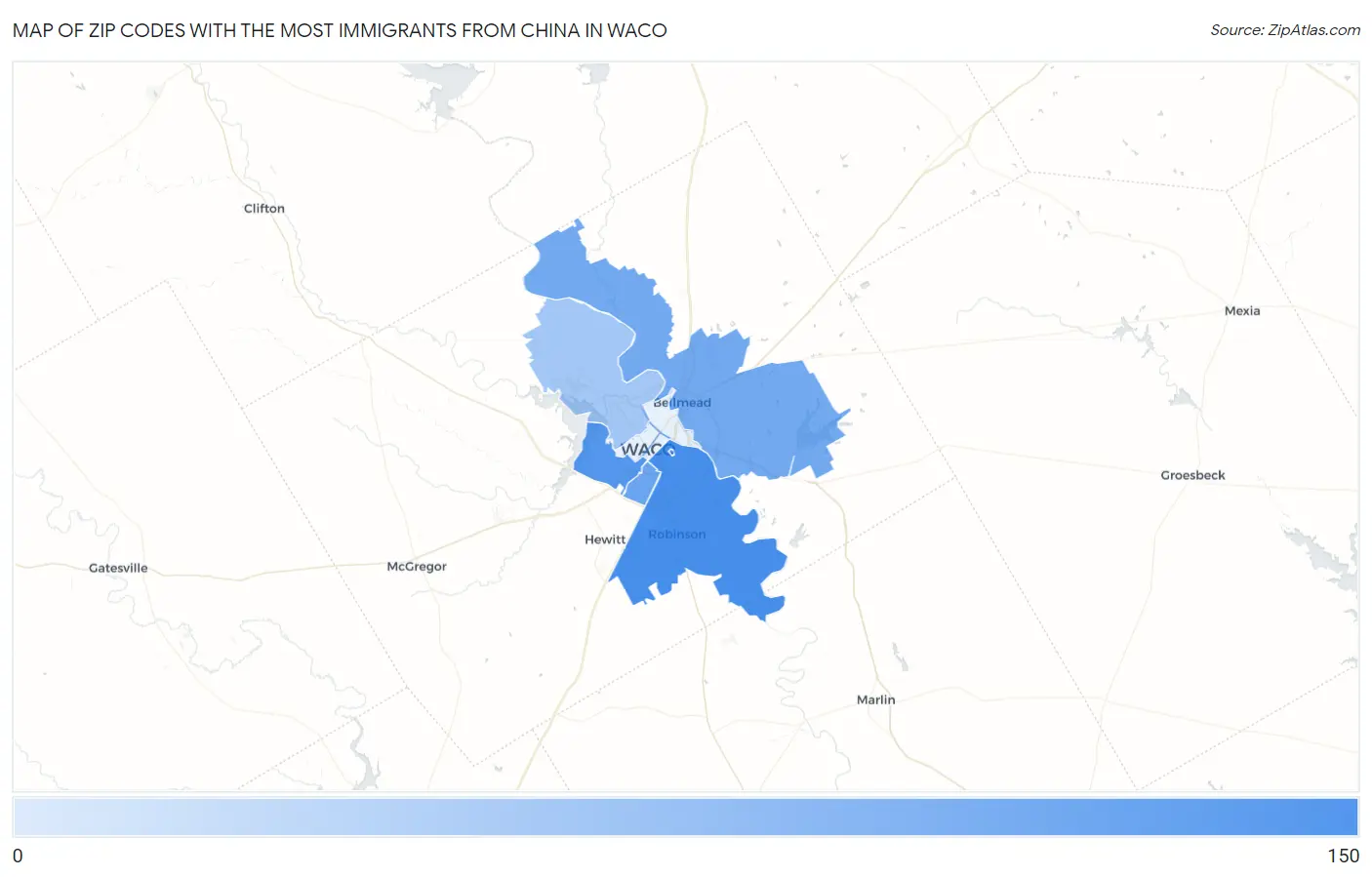 Zip Codes with the Most Immigrants from China in Waco Map