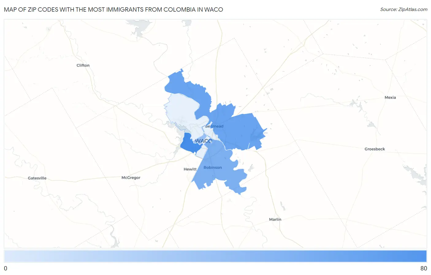 Zip Codes with the Most Immigrants from Colombia in Waco Map