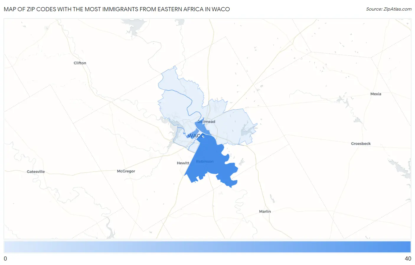 Zip Codes with the Most Immigrants from Eastern Africa in Waco Map