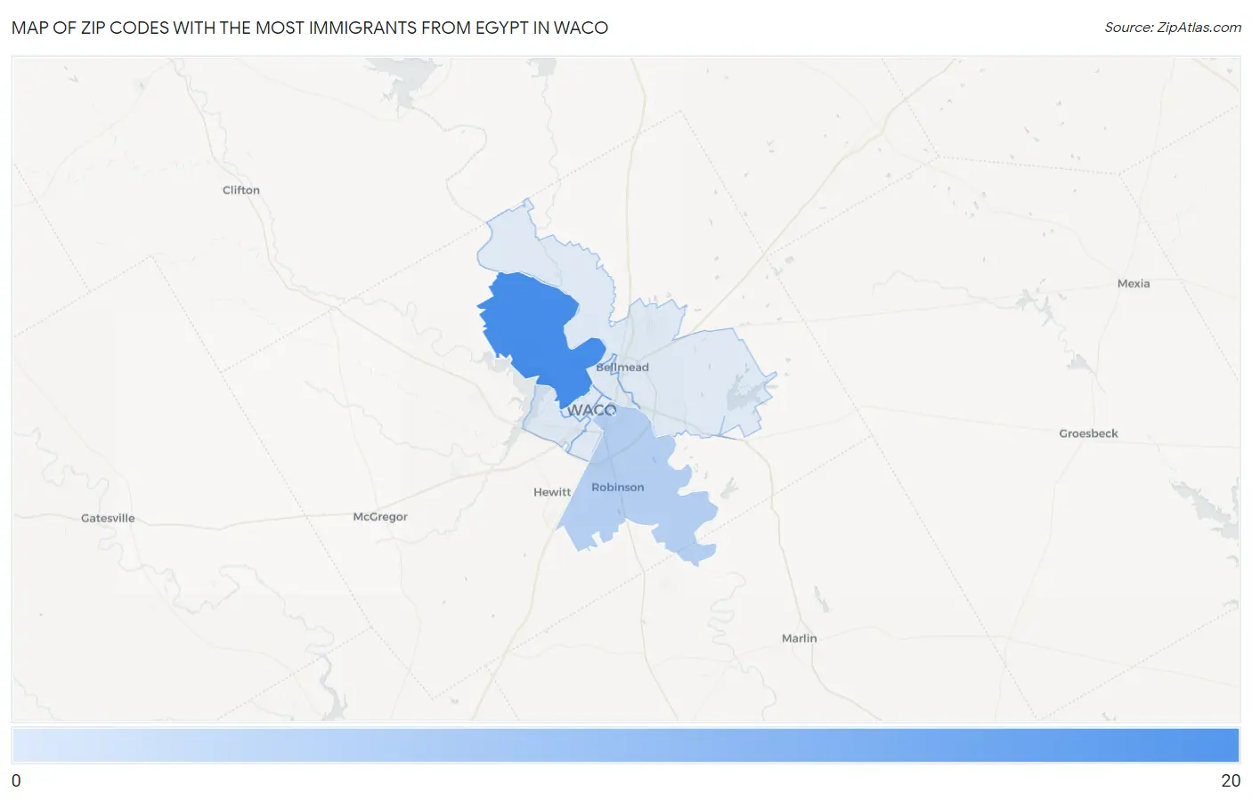 Zip Codes with the Most Immigrants from Egypt in Waco Map