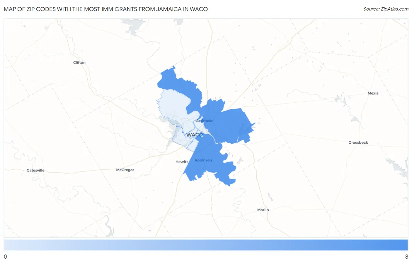 Zip Codes with the Most Immigrants from Jamaica in Waco Map