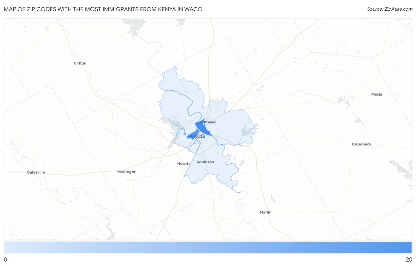 Zip Codes with the Most Immigrants from Kenya in Waco Map