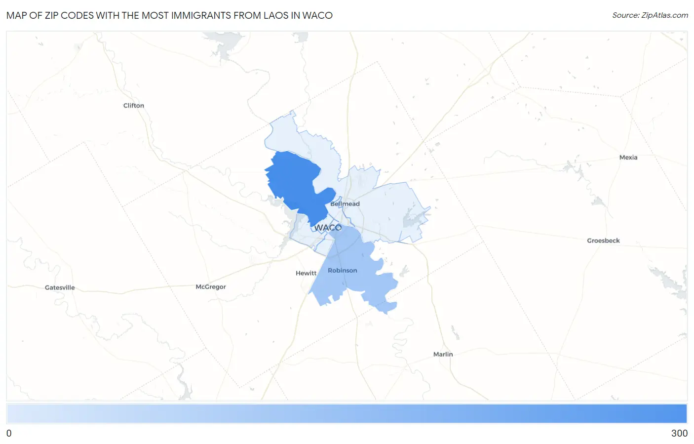 Zip Codes with the Most Immigrants from Laos in Waco Map